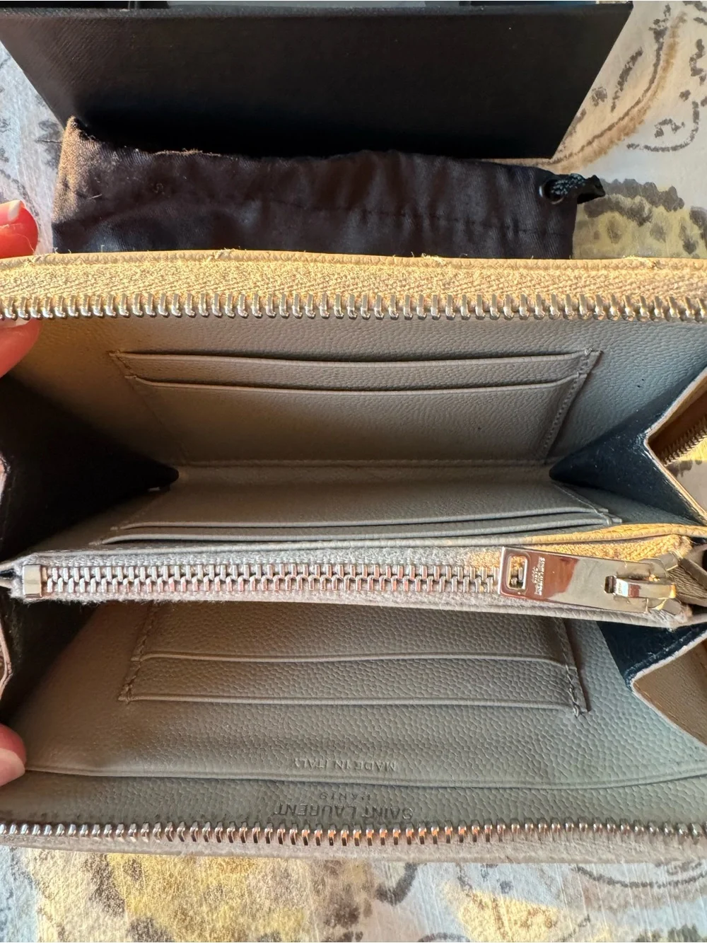 Saint Laurent Beige Chevron Quilted Zip-Around Wallet with Silver YSL